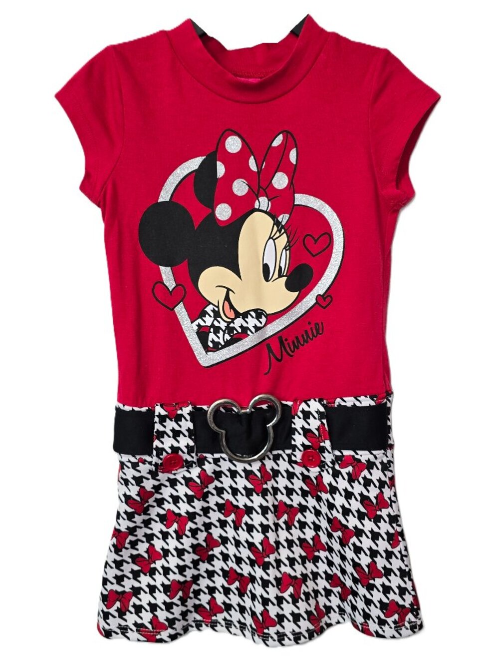 Vintage Disney Minnie Mouse Dress 5 5T Drop Waist Attached Belt Red Black Y2K